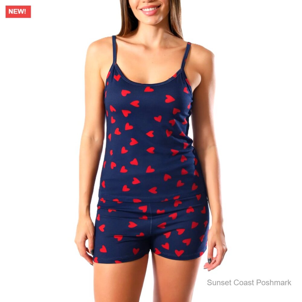 Heart Print Pajama Set with V-Neck Cami and Boxer Shorts